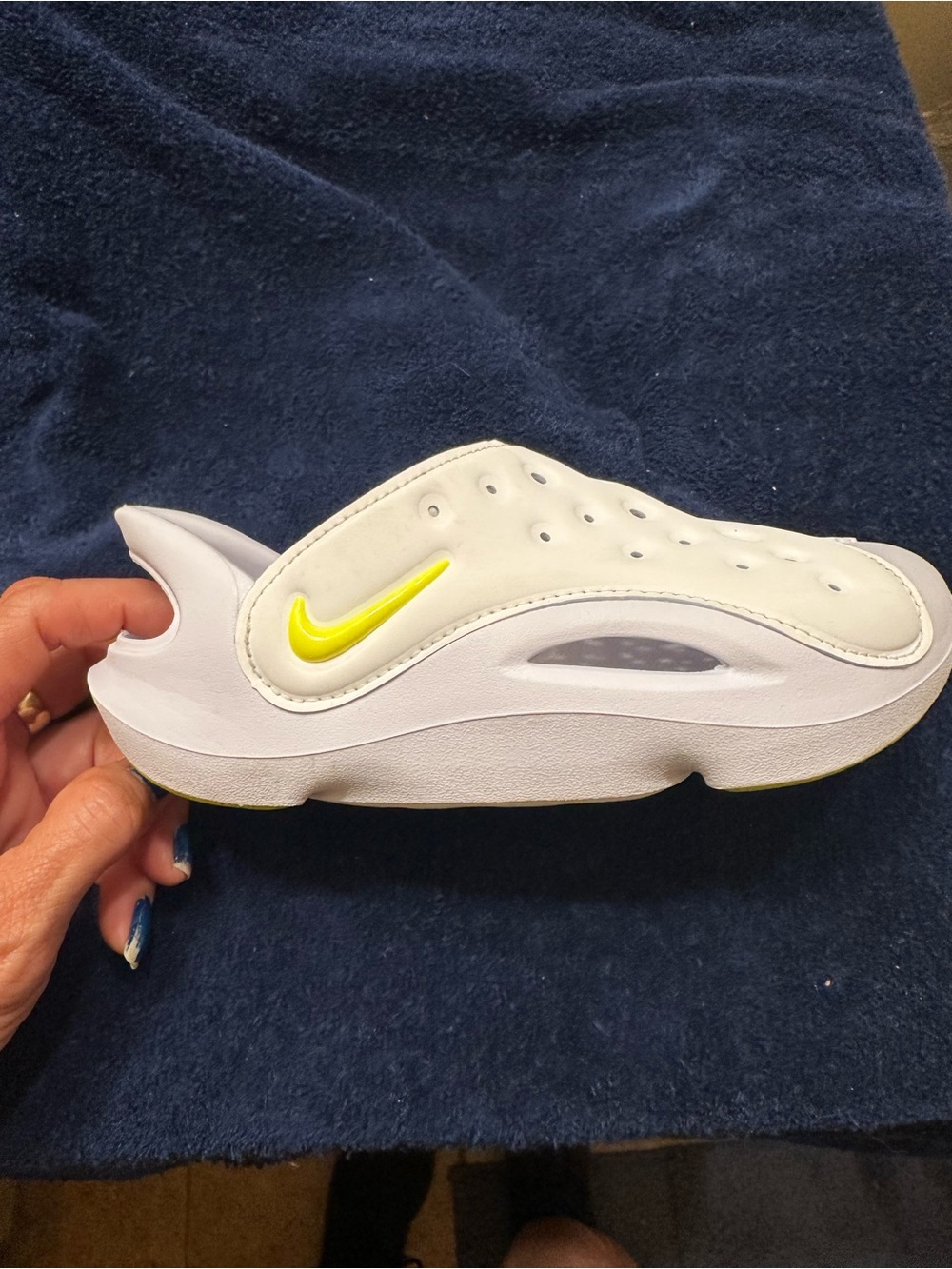Nike Kids White Slip-On Clog with Neon Yellow Swoosh